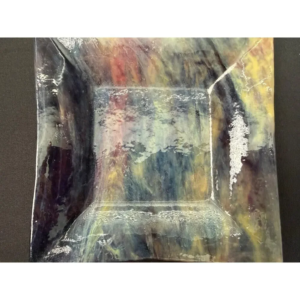 L Jones Signed 2006 Fused Studio Art Glass Plate Purple Gold Abstract Square